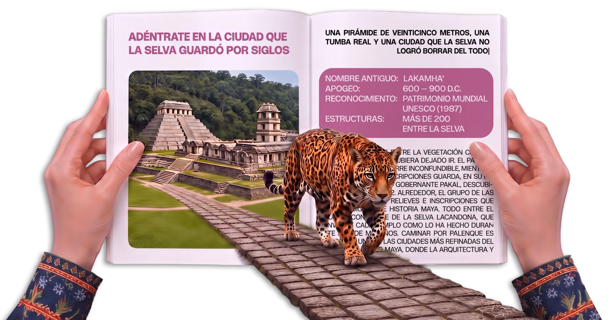 Revista sobre Palenque de la que emerge el Templo de las Inscripciones, sostenida por una viajera
