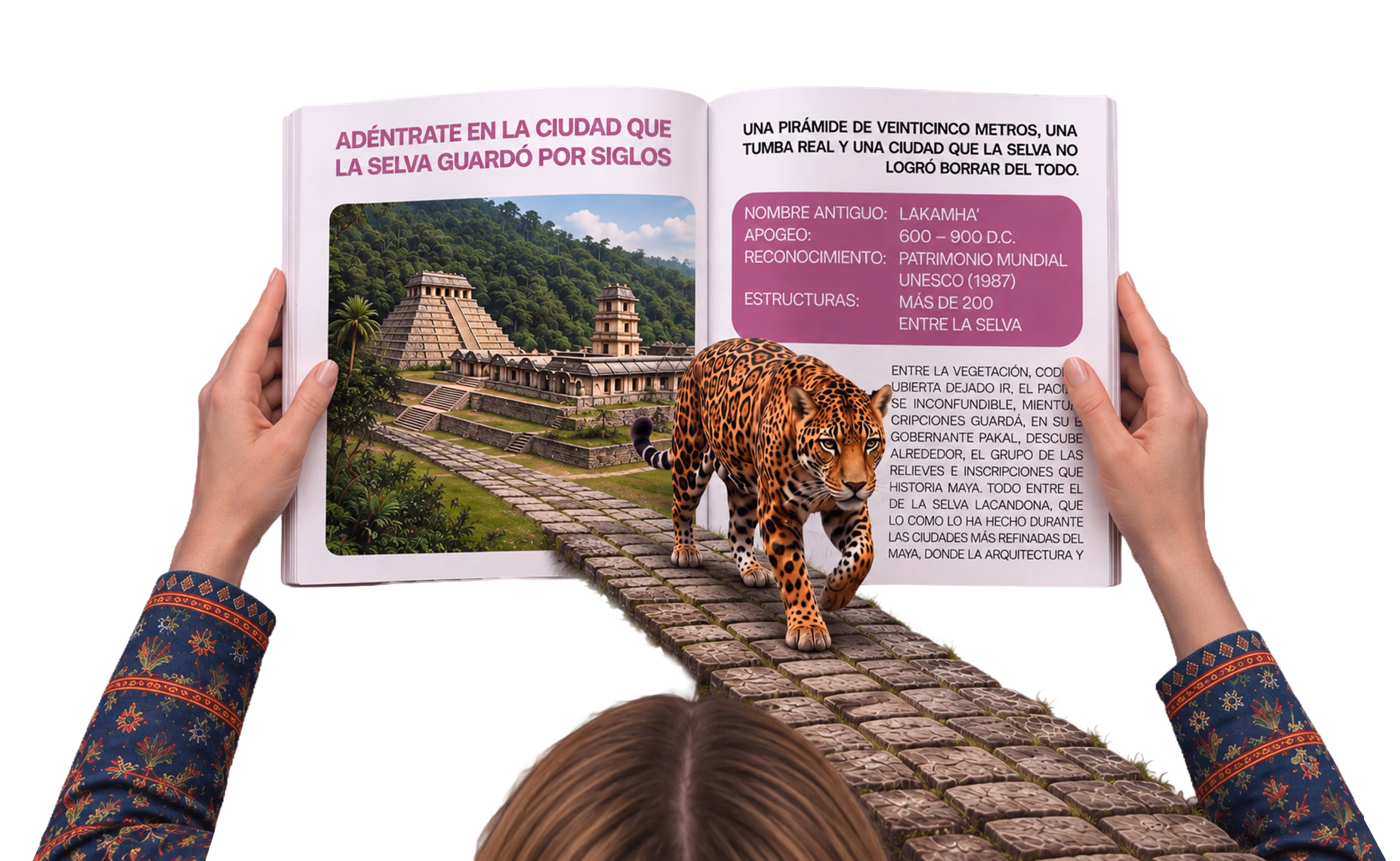 Revista sobre Palenque de la que emerge el Templo de las Inscripciones, sostenida por una viajera